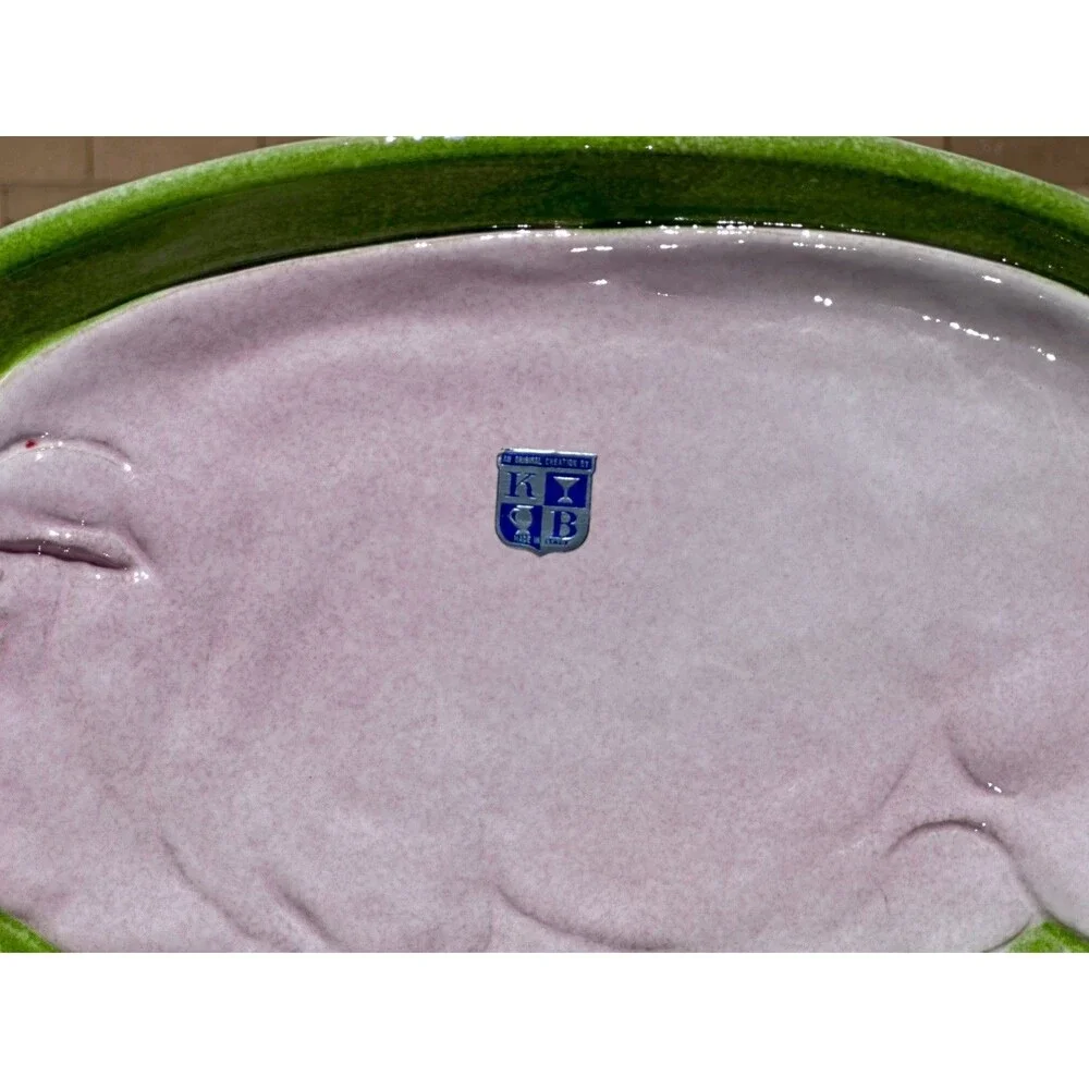 Lime Green Pink Pig Majolica Oval Serving Platter Made in Italy 9 3/8